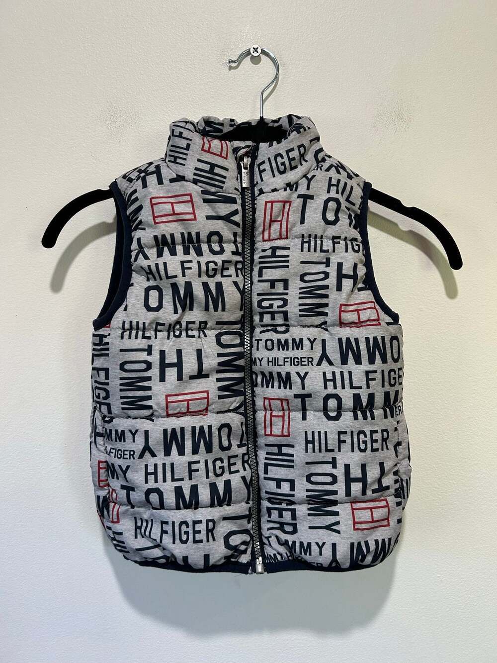 Tommy Hilfiger kids puffer vest size 3T full zip allover logo grey blue